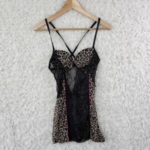 Tres Sexy by Oh La La Cheri Leopard Print Lace Babydoll Chemise Small Black Tan